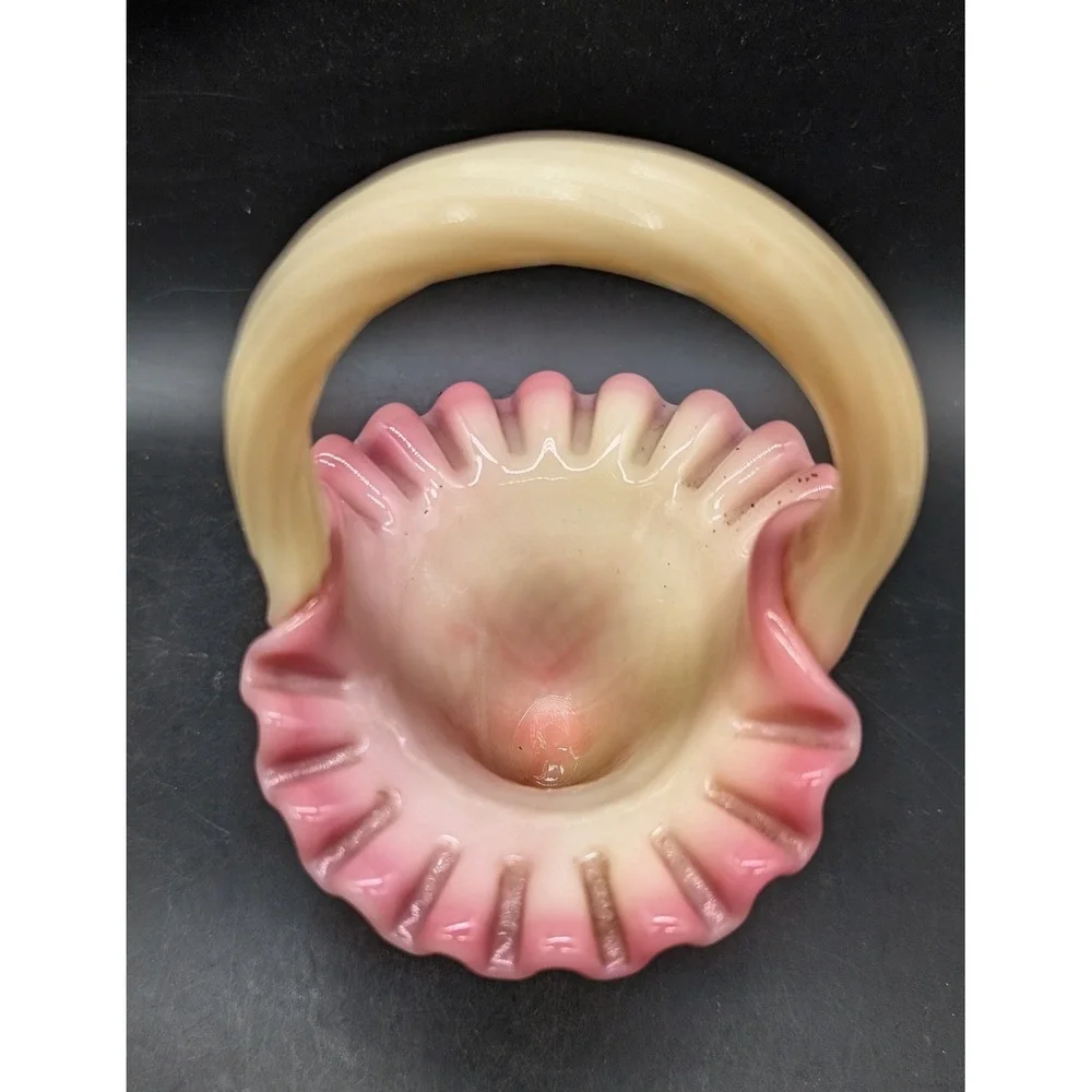 Vintage Fenton Pink Burmese Uranium Glass Basket Ruffled Rim Waffle Base 6 5